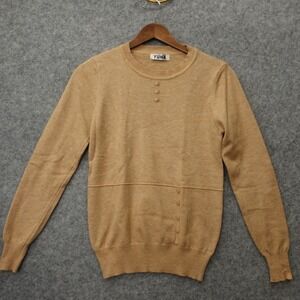 Camel Crewneck Sweater Womens XS Tan Asymmetric Button MOD 60s Soft Girl Classic
